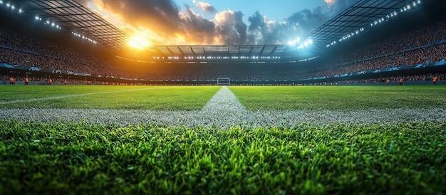 dramatic sunset view of a soccer field in a full stadium