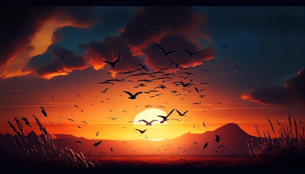 A dramatic sunset with birds flying in the sky