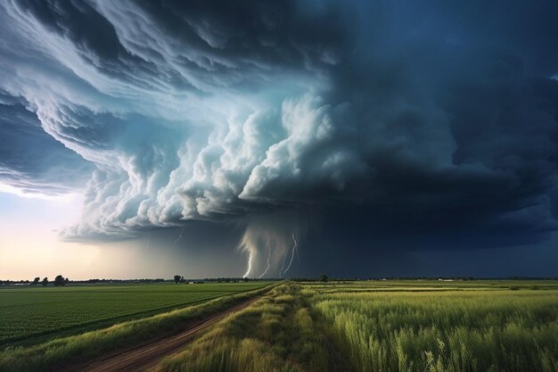 Photo dramatic supercell storm with rain over open fields