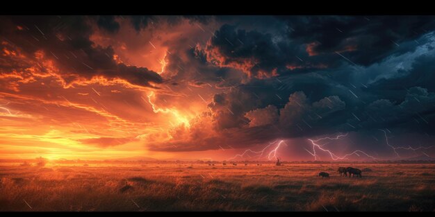 Dramatic Thunderstorm Over African Savannah at Sunset Resplendent