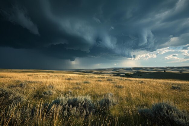 A dramatic thunderstorm over a prairie landscape AI generated