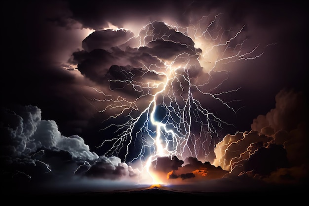 Dramatic thunderstorm with lightning bolt striking against black sky created with generative ai