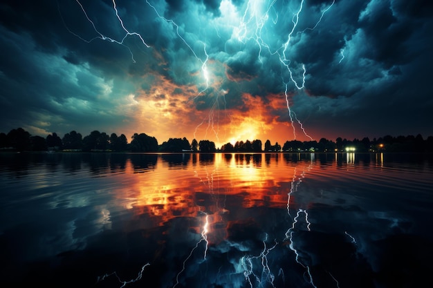 暗い静かな湖に稲妻が反射する劇的な雷雨 生成 AI