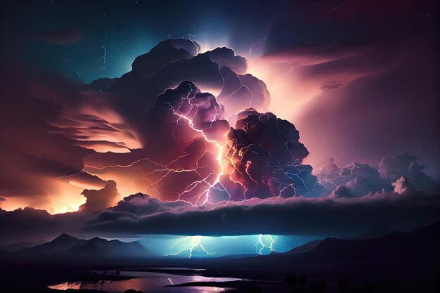 Dramatic thunderstorm with lightning strike illuminating the night sky created with generative ai