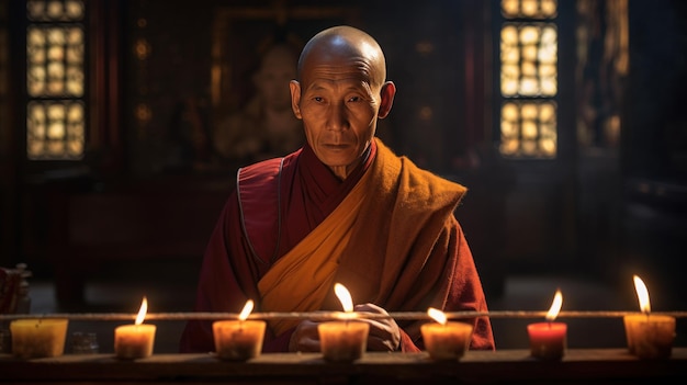사원에서 극적인 티베트 고위 승려 명상