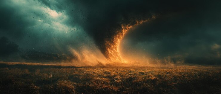 Photo dramatic tornado in open field with dark stormy sky and glowing light