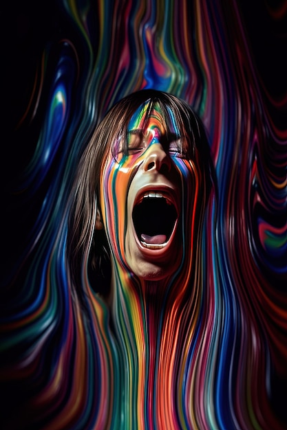 Photo dramatic unveiling a screaming girl emerges from a painted psychedelic expression