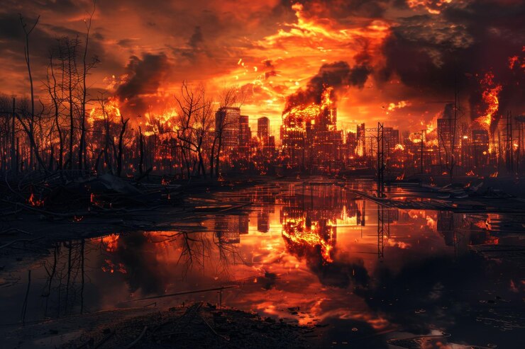Photo dramatic urban landscape engulfed in flames and smoke with silhouetted buildings and trees against a fiery sky