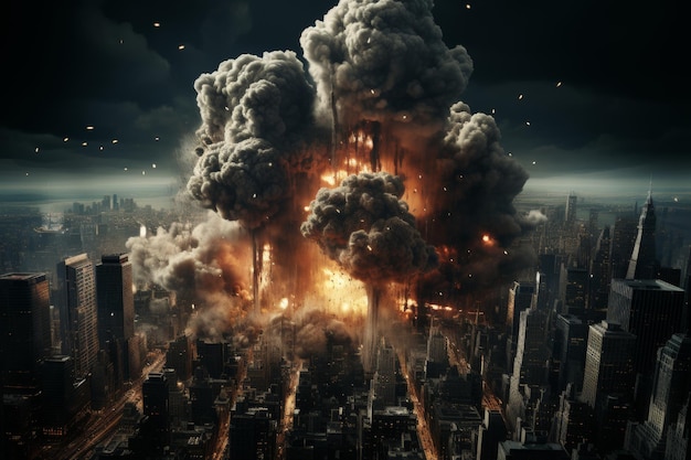 ドラマチックな都市の夜景 核爆発のキノコの雲と衝撃波