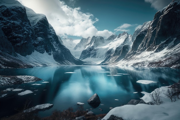 Dramatic view of a frozen fjord surrounded by mountains with icy blue skies and snowcovered peaks cr