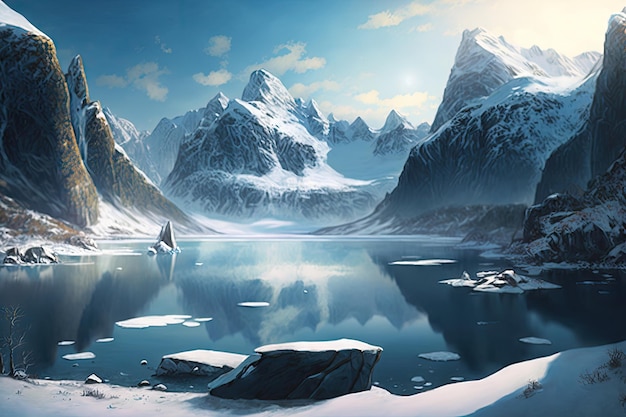 Dramatic view of a frozen fjord surrounded by mountains with icy blue skies and snowcovered peaks cr