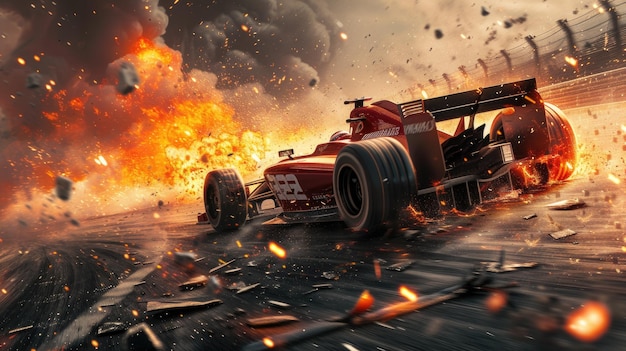 Dramatic view of racing car driving to fire on track at night burning vehicle runs fast on smoke background Concept of crash sport speed accident wreck