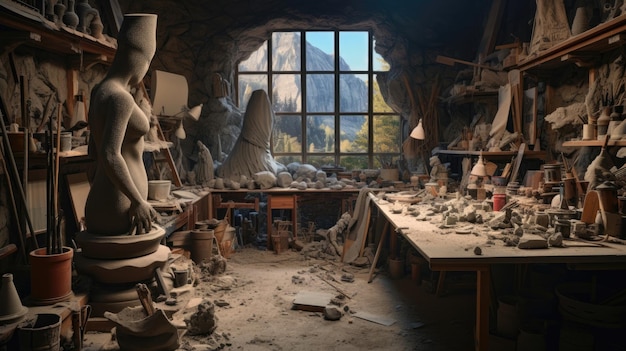 Dramatic view of a sculptor's studio with a work in progress clay model Generative AI