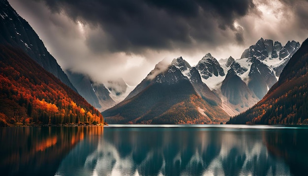 Photo dramatic view to vast mountain lake among giant mountains in rainy weather
