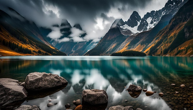 Photo dramatic view to vast mountain lake among giant mountains in rainy weather