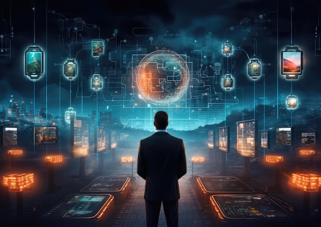 A dramatic visualization of a cybersecurity AI as a digital sentinel standing guard over a network