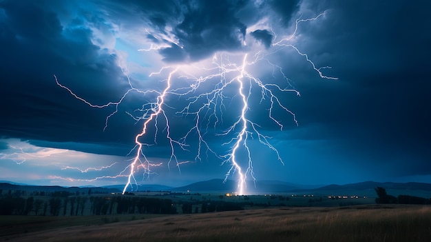 Photo a dramatic and vivid image of a lightning storm over a rural landscape