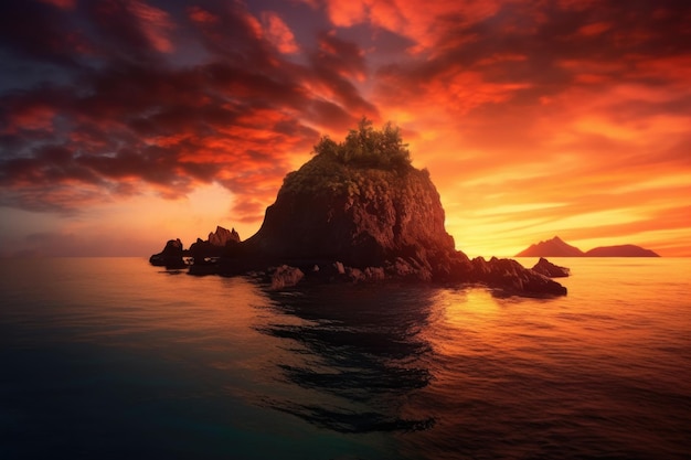 Драматический силуэт вулканического острова на закате, созданный с помощью генеративного AI