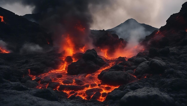 A dramatic volcanic landscape with molten lava flows blackened rocks and billowing smoke