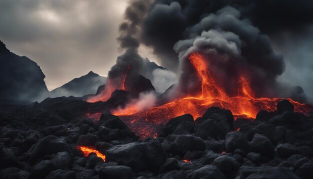 A dramatic volcanic landscape with molten lava flows blackened rocks and billowing smoke