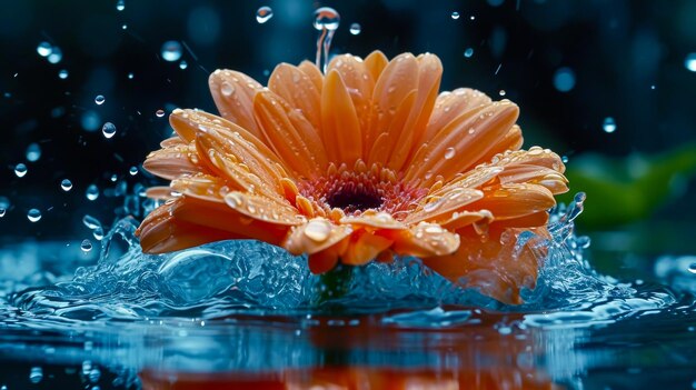 A dramatic water splash envelops a vibrant flower illustrating the harmonious dance between water and nature with droplets suspended in midair like liquid jewels