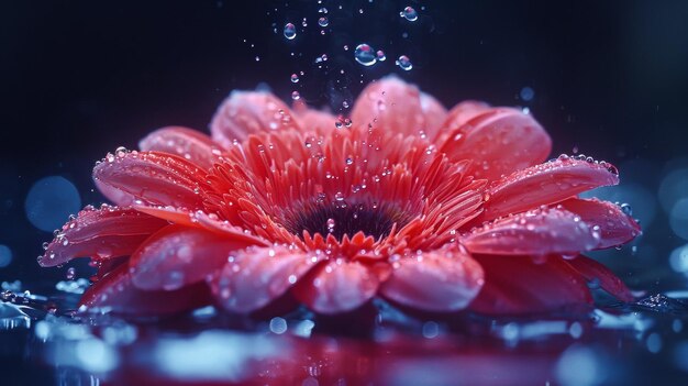 A dramatic water splash envelops a vibrant flower illustrating the harmonious dance between water and nature with droplets suspended in midair like liquid jewels