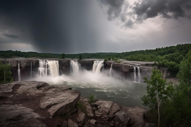 Dramatic waterfall scene with stormy skies and lightning bolts during thunderstorm