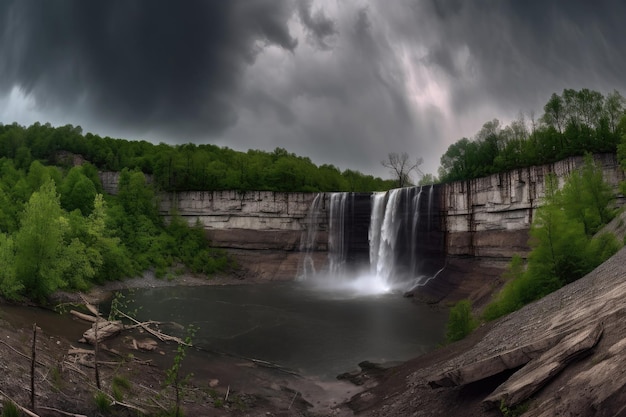 Dramatic waterfall scene with stormy skies and lightning strikes created with generative ai