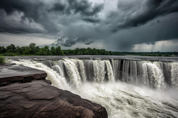 Dramatic waterfall scene with stormy sky thunderstorm in the distance created with generative ai