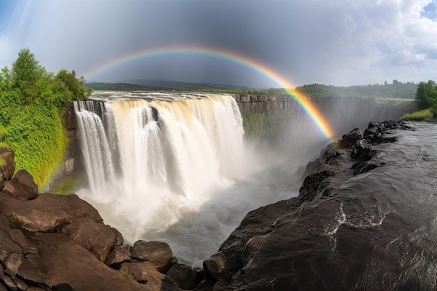 Dramatic waterfall with rainbow symbol of peace and hope created with generative ai