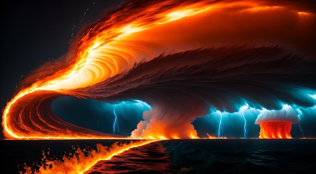 A dramatic wave of fire and water against a beautiful sky backdrop