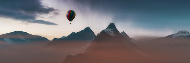 Dramatisch berglandschap bedekt met wolken Luchtballonvliegtuigen Flying