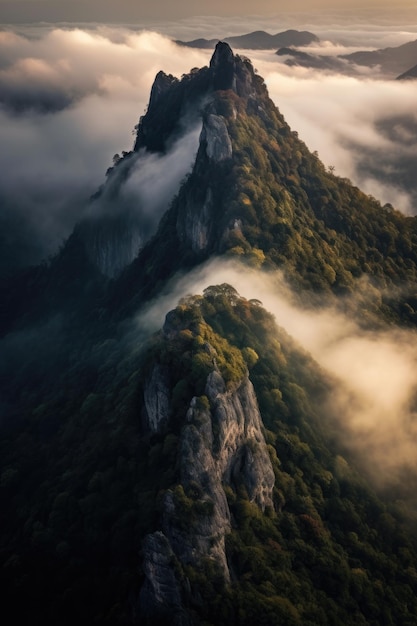 Dramatisch berglandschap met wolken en mist gemaakt met generatieve AI