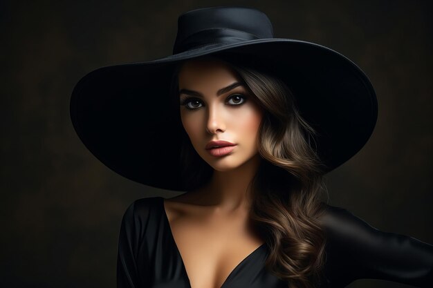 Dramatisch donker studioportret van elegante en sexy jonge vrouw in zwarte brede hoed en zwarte jurk