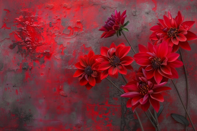 Dramatisch geconstrueerde achtergrond in brand gestoken door levendige rode bloemen