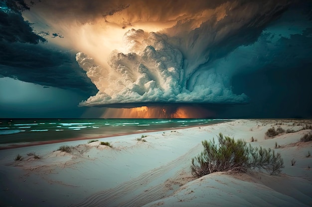 Dramatisch onweer over zee en strand in avonduren generatieve ai