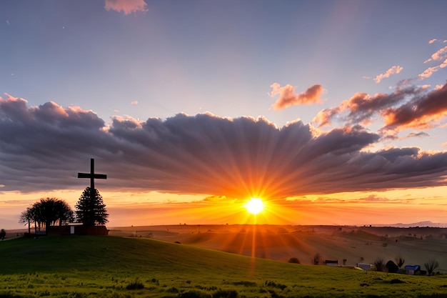 Dramatisch Panorama Paaszondagochtend Zonsopgang met kruis op de heuvel