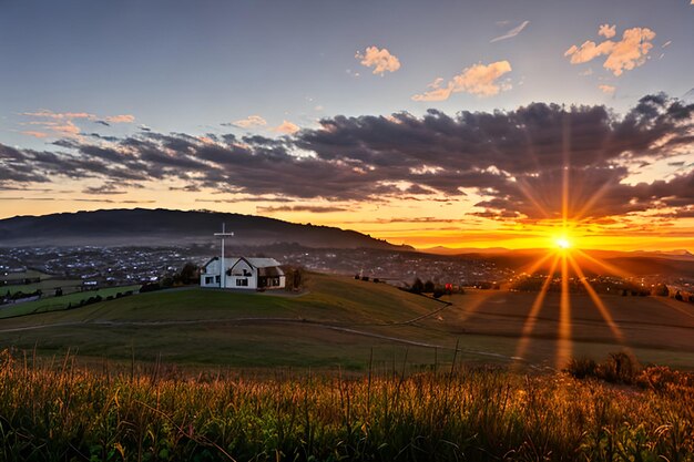 Dramatisch Panorama Paaszondagochtend Zonsopgang met kruis op de heuvel