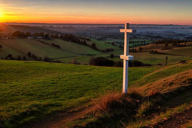 Dramatisch Panorama Paaszondagochtend Zonsopgang met kruis op de heuvel