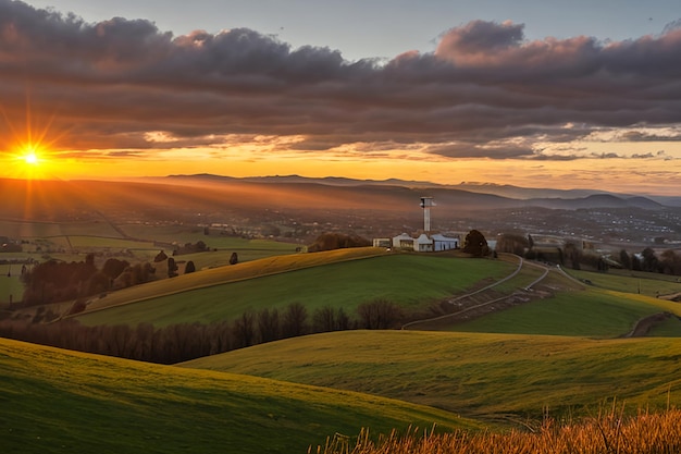 Dramatisch Panorama Paaszondagochtend Zonsopgang met kruis op de heuvel