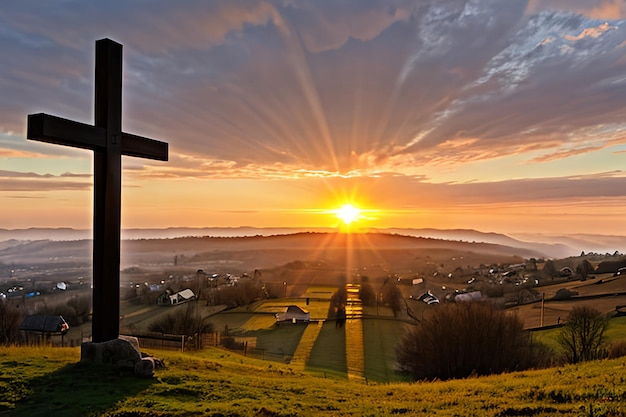 Dramatisch Panorama Paaszondagochtend Zonsopgang met kruis op de heuvel