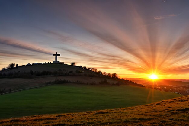 Dramatisch Panorama Paaszondagochtend Zonsopgang met kruis op de heuvel