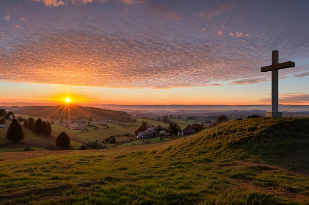 Dramatisch Panorama Paaszondagochtend Zonsopgang met kruis op de heuvel