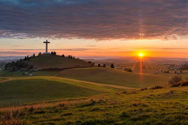 Dramatisch Panorama Paaszondagochtend Zonsopgang met kruis op de heuvel