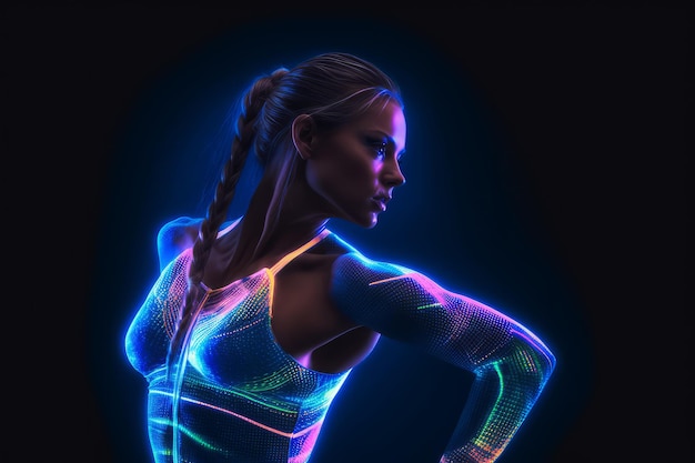 Dramatisch portret van een atletische vrouw met neon gloeiende lijnen generatieve ai