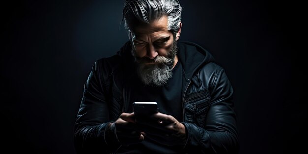 Foto dramatisch portret van een man met een smartphone op een donkere achtergrond