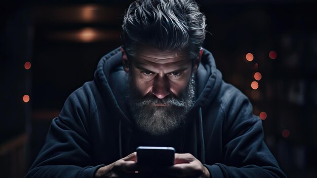 Foto dramatisch portret van een man met een smartphone op een donkere achtergrond