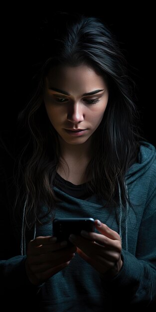 Foto dramatisch portret van een vrouw met een smartphone op een donkere achtergrond