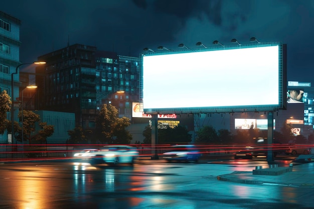 Foto dramatisch uitzicht op de stad bij zonsondergang met een leeg billboard-doek dat mogelijkheden voor adverteerders verlicht te midden van de stedelijke gloed