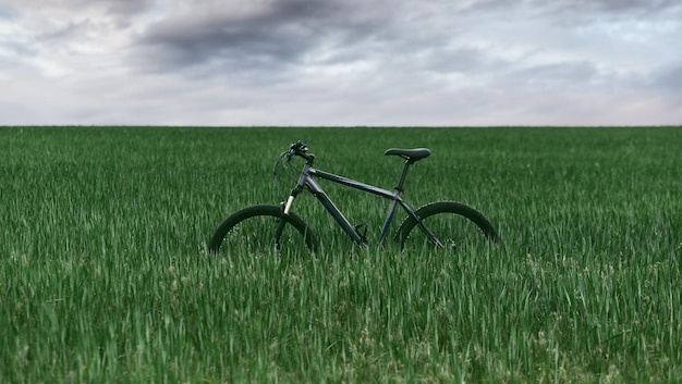 Dramatisch uitzicht op mountainbike stands in grasveld vrije tijd en fietsen in vrijheid